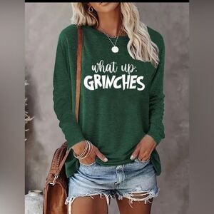 NWT Women’s Plus Size Green Long Sleeve Graphic Tee “What’s Up Grinches” Size 2X
